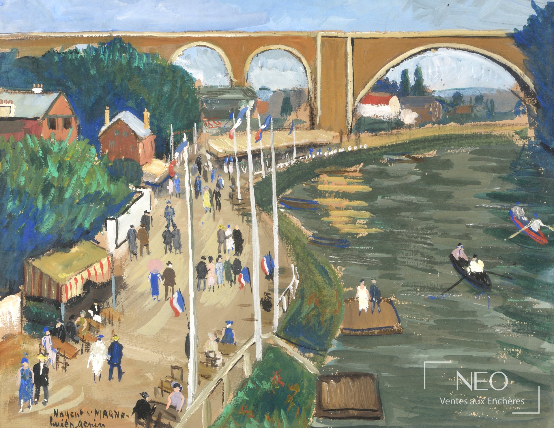 Gouache de Lucien Génin représentant un viaduc au-dessus d'une berge animée