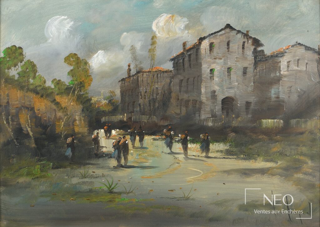 Huile sur toile représentant des passants dans une rue bordée d'immeubles sous un ciel nuageux.