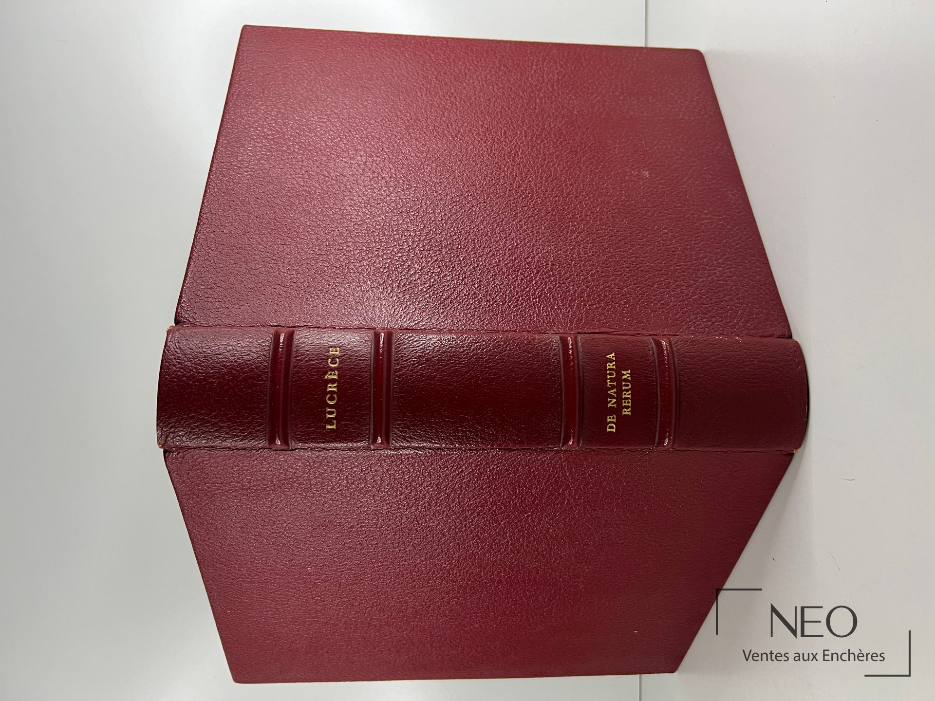 Couverture rouge en percaline avec dos à nerfs et titre doré Lucrece De natura Rerum