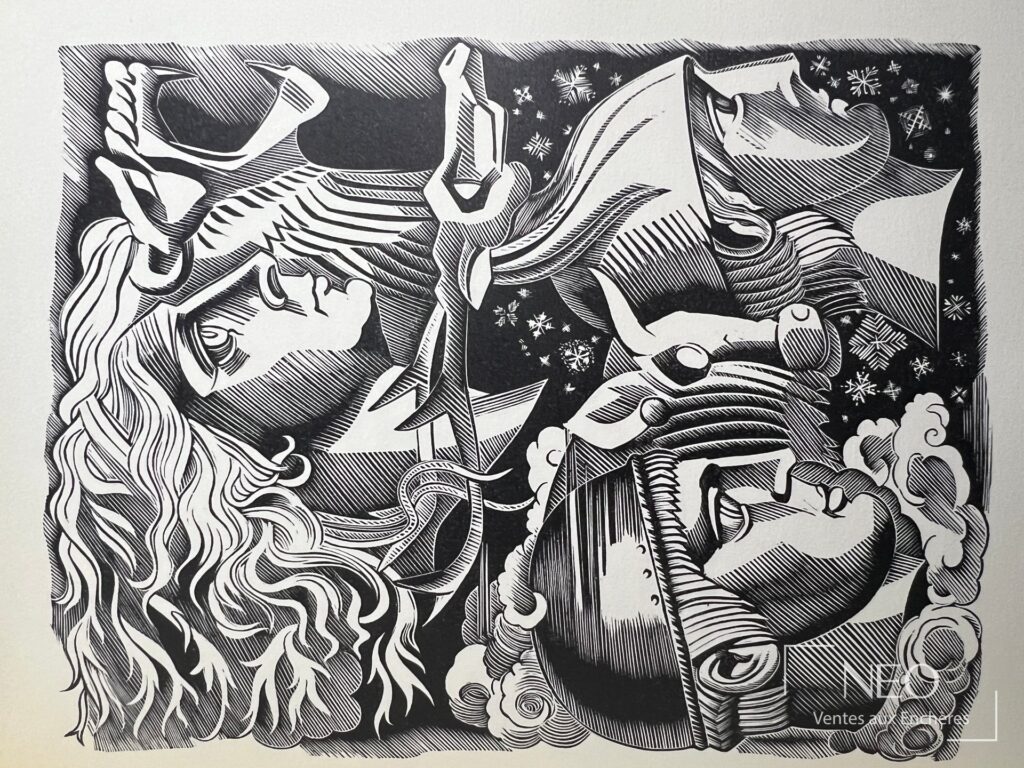 Bois original en noir et blanc représentant des visages stylisés et des formes abstraites