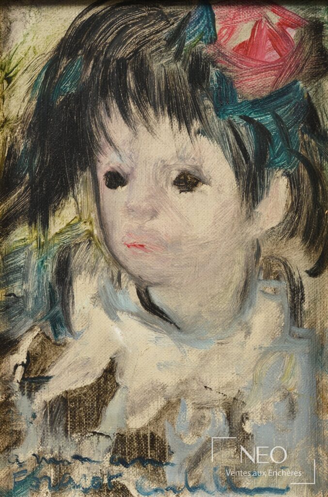 Portrait peint d'une jeune fille aux cheveux noirs et aux touches colorées