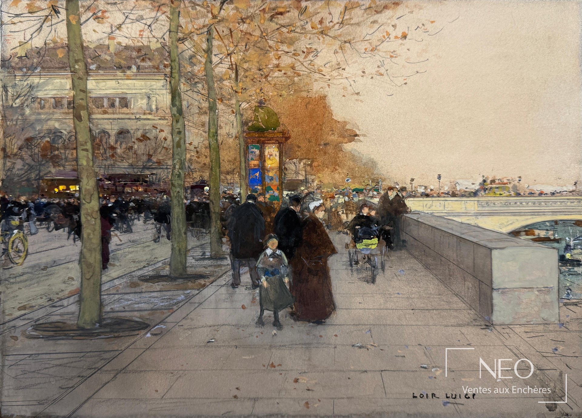 Luigi Loir, Bords de Seine, place du Châtelet, Paris, aquarelle et gouache