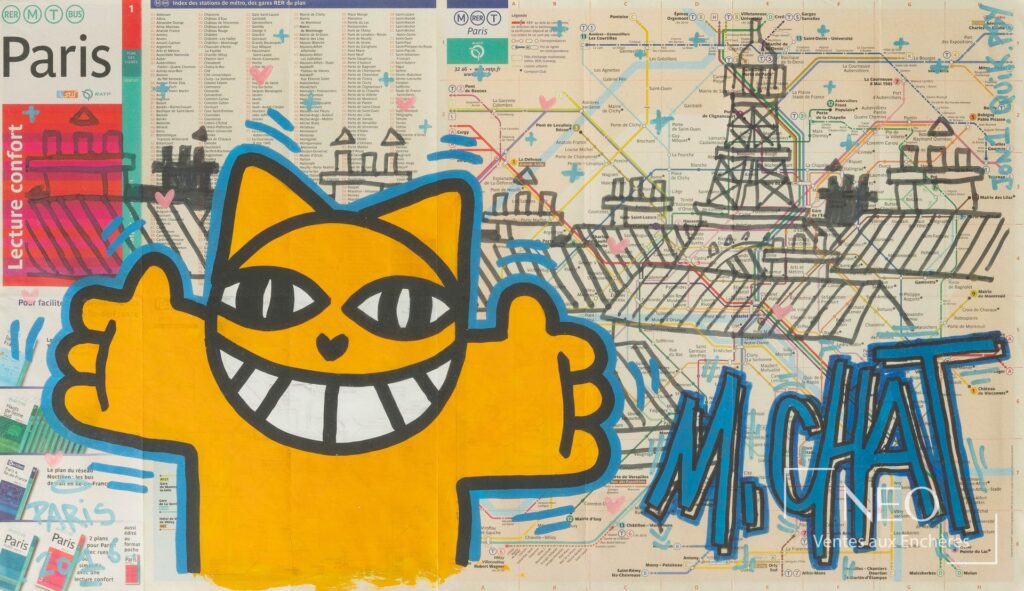 Œuvre de M. CHAT représentant un chat jaune sur un plan de métro de Paris
