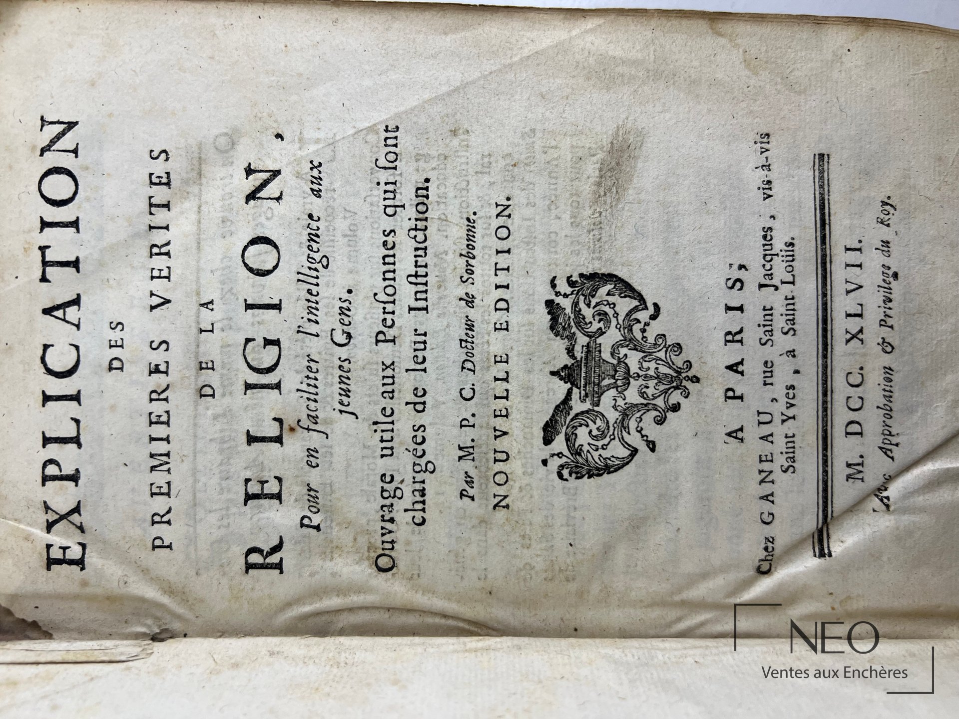Page de titre d'un livre ancien intitulé Explication des premières vérités de la religion