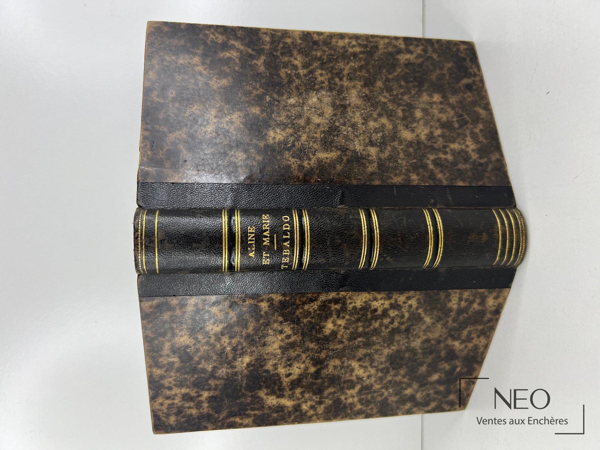 Couverture marbrée et dos noir doré d'un livre ancien