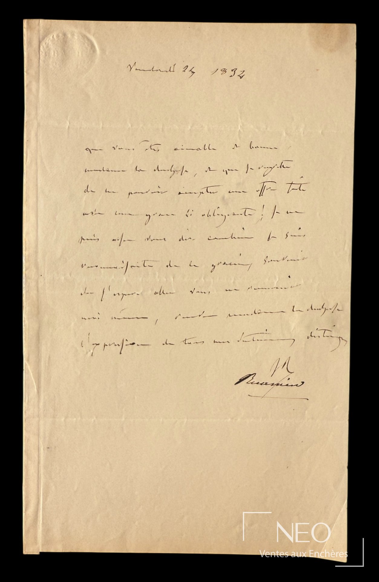 Lettre autographe signée sur papier
