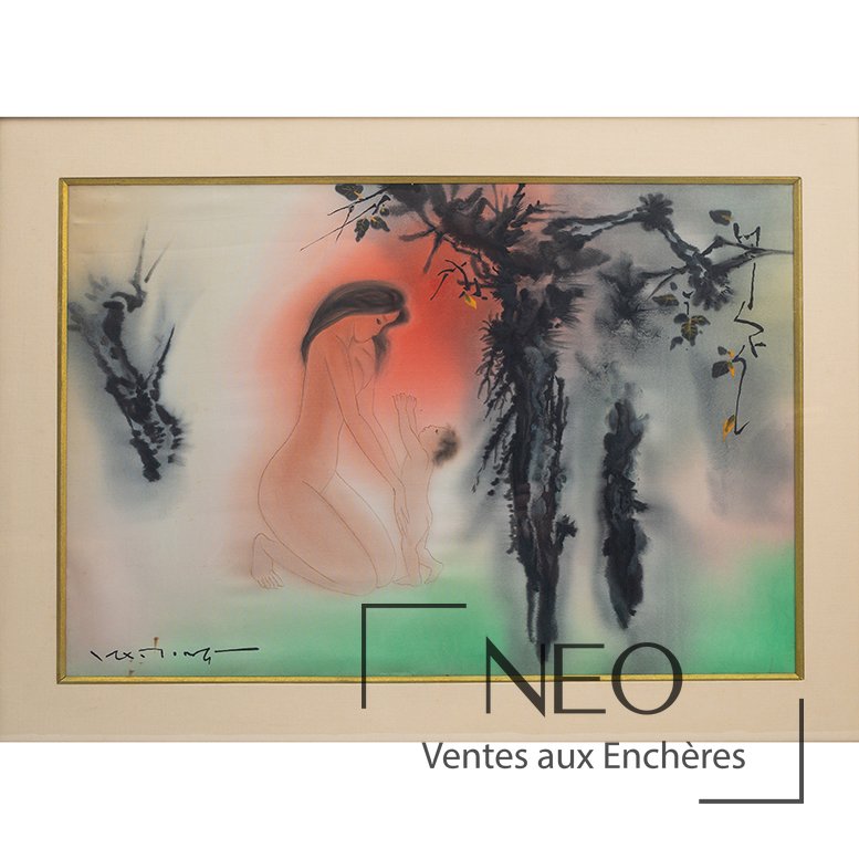 Peinture sur soie représentant une maternité