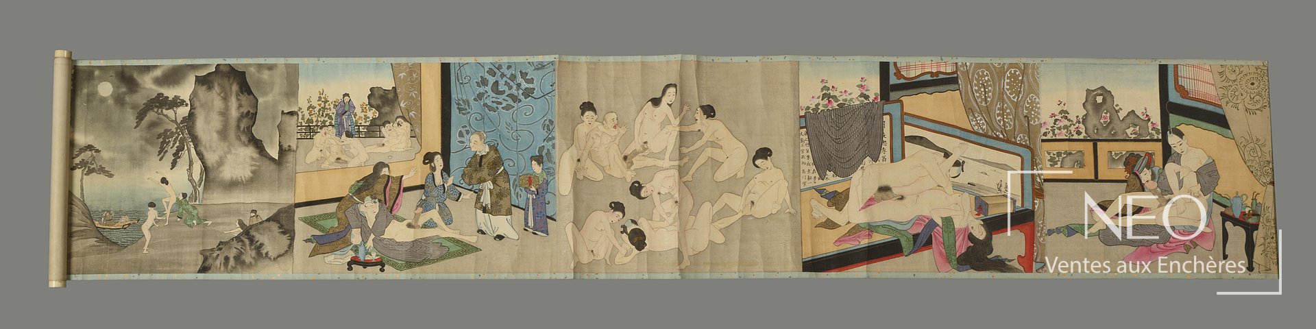 Makemono japonais déroulé montrant plusieurs scènes érotiques peintes sur un long rouleau