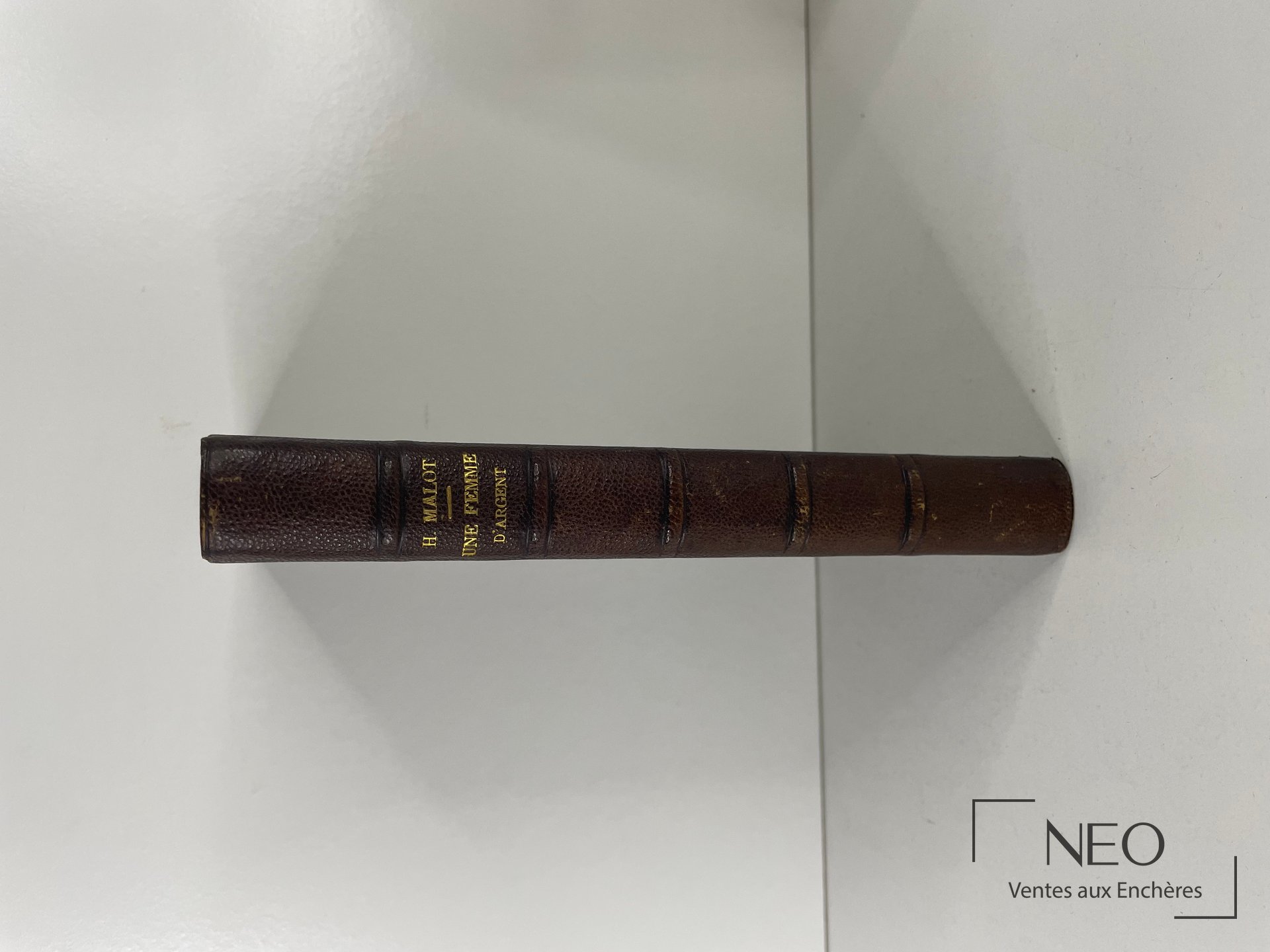 Dos en demi chagrin brun avec nerfs et titre doré de Une femme d'argent