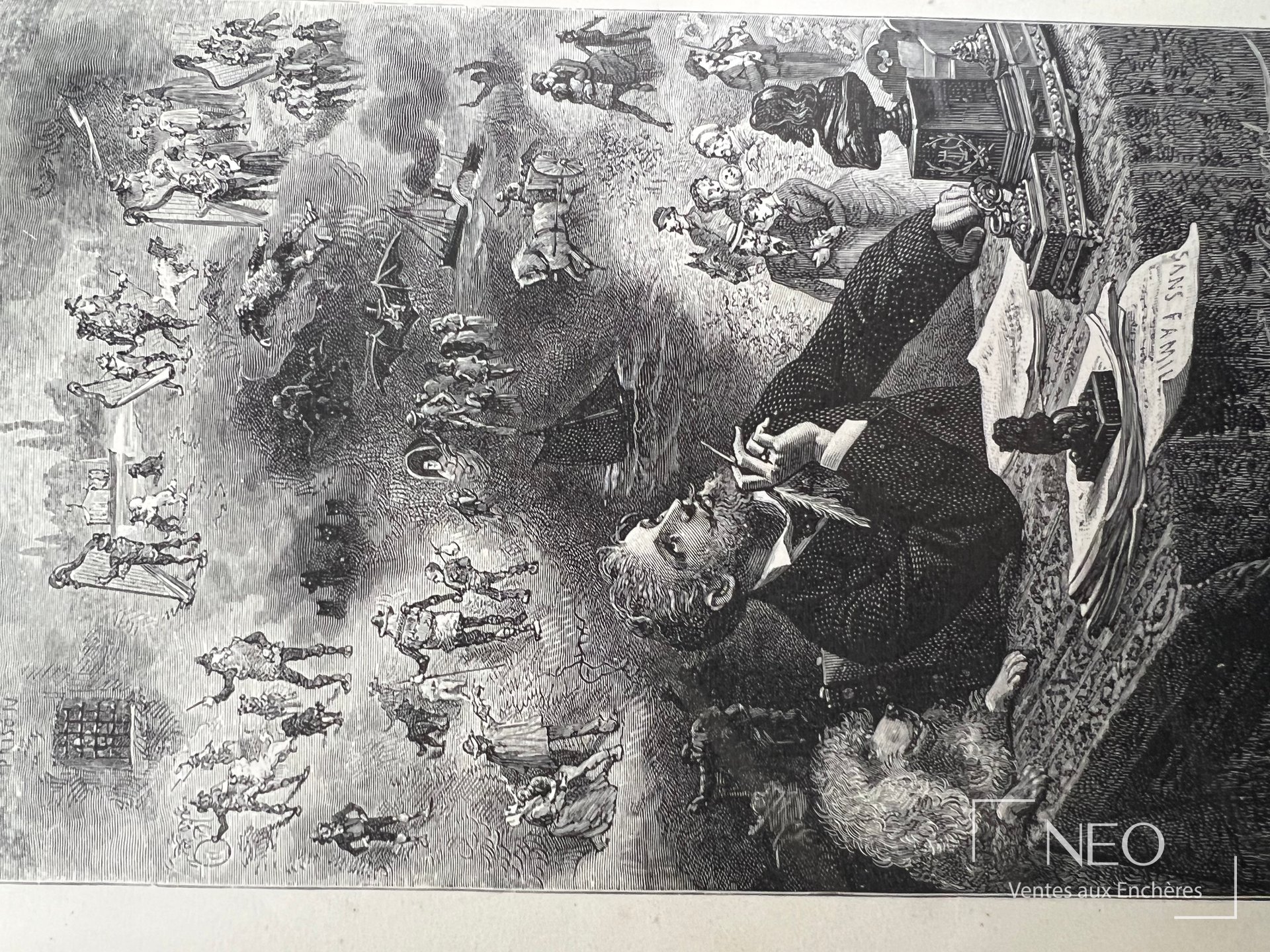 Page illustrée en noir et blanc montrant une scène de Sans Famille avec plusieurs personnages