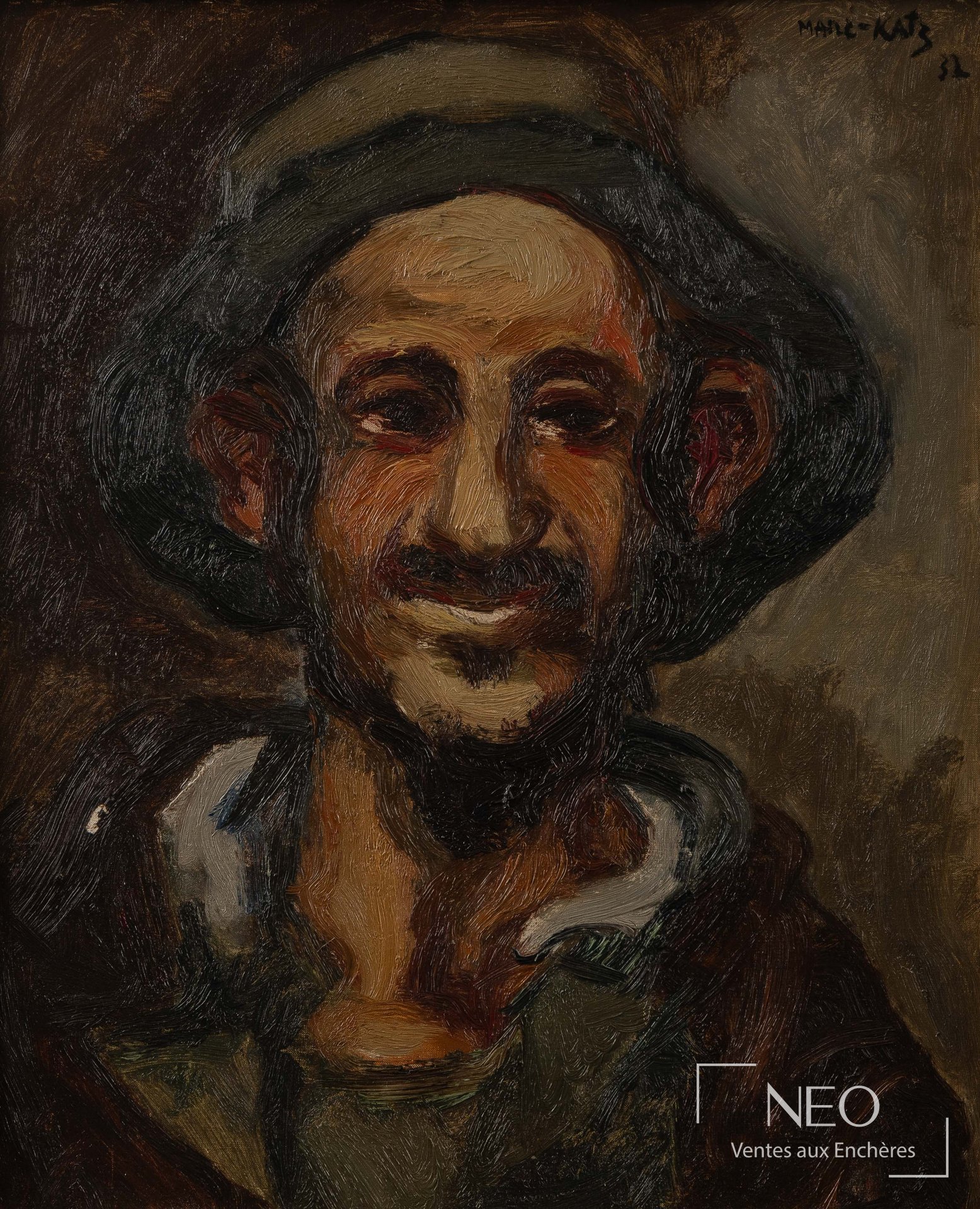 Portrait peint d'un homme au chapeau aux tons sombres et ocres