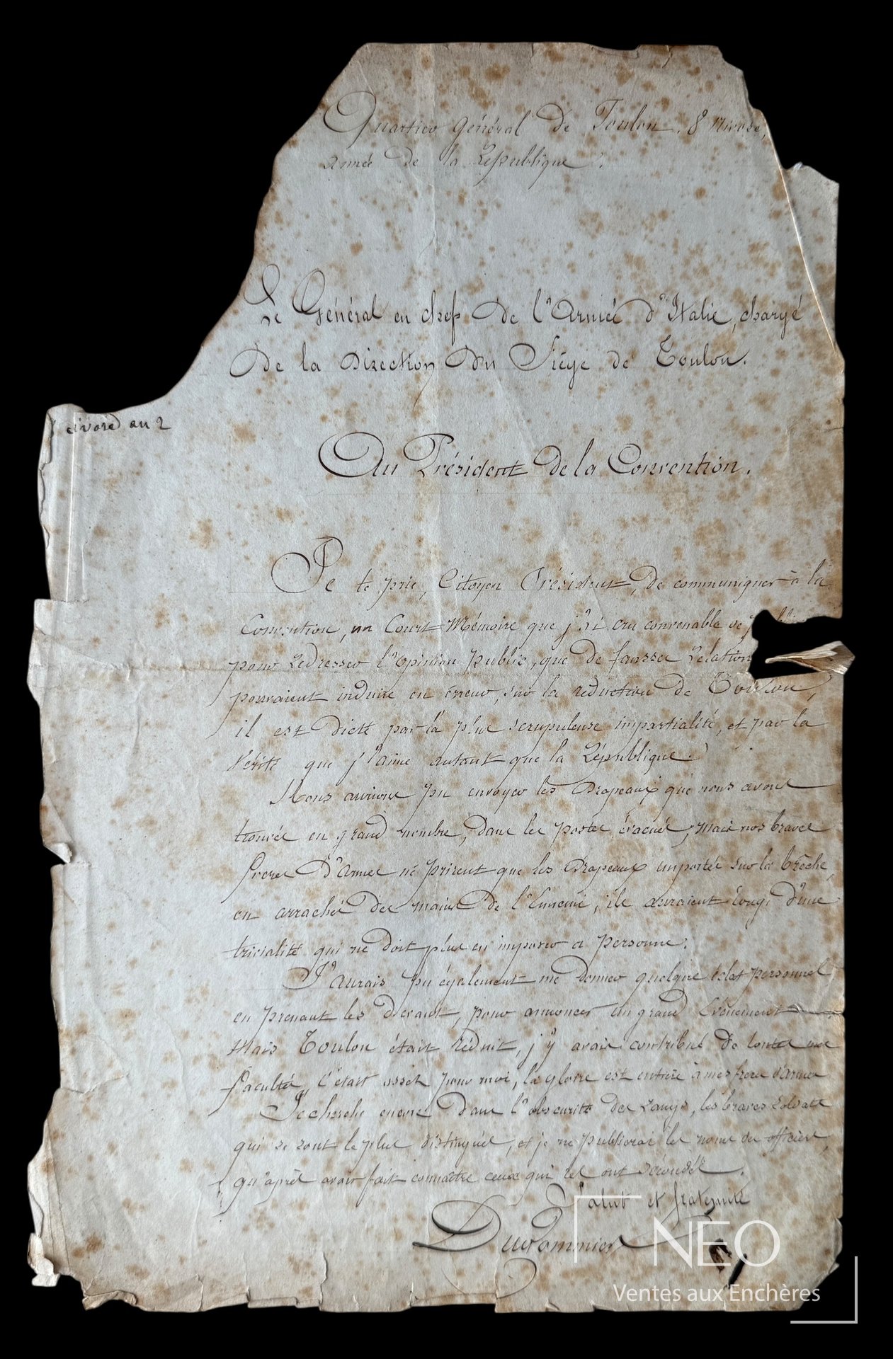 Première page manuscrite de Dugommier