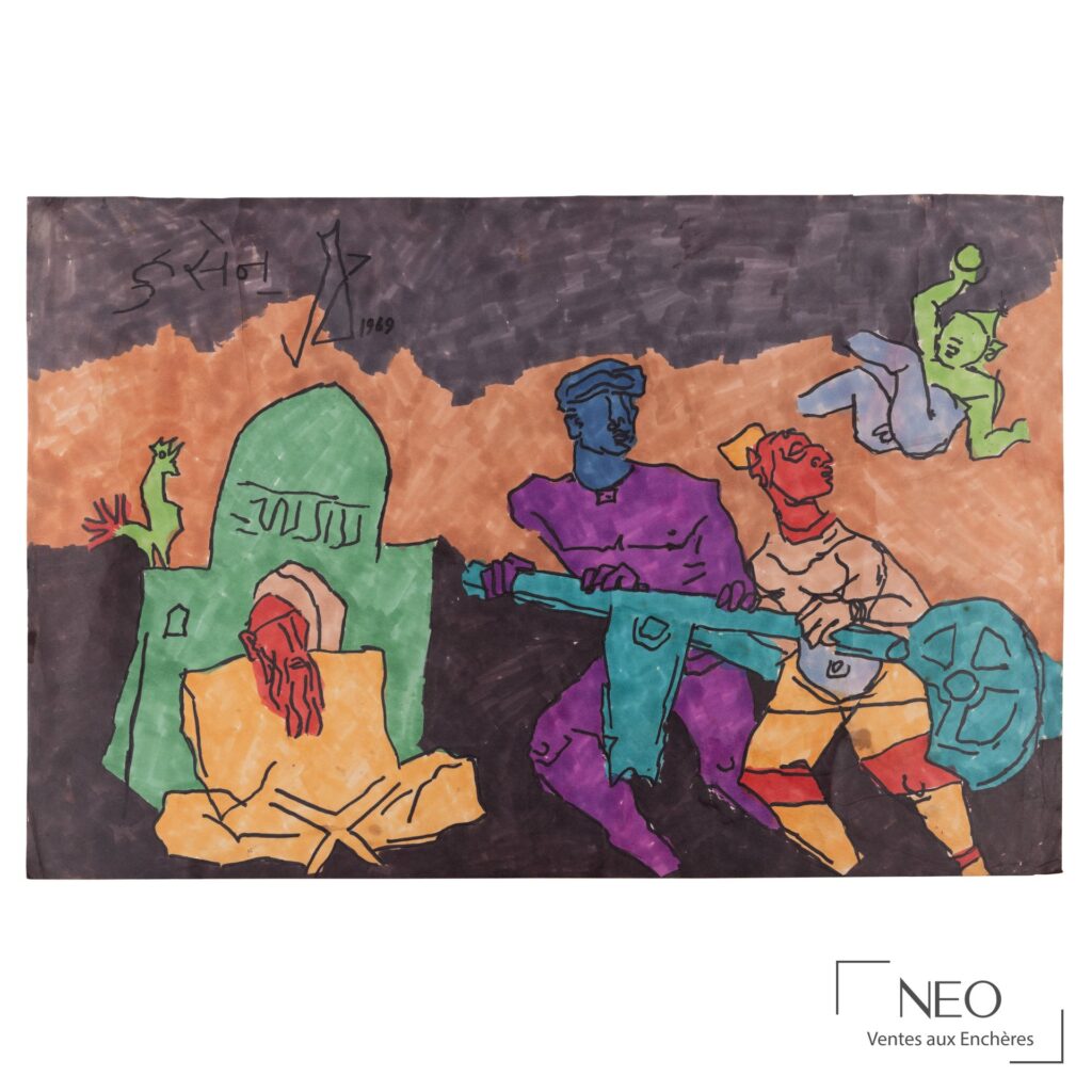 Scène urbaine colorée de Maqbool Fida Husain avec figures stylisées