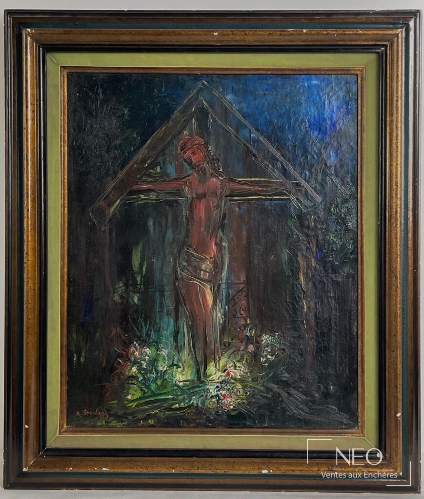 Huile sur toile représentant le Christ dans un cadre à moulures