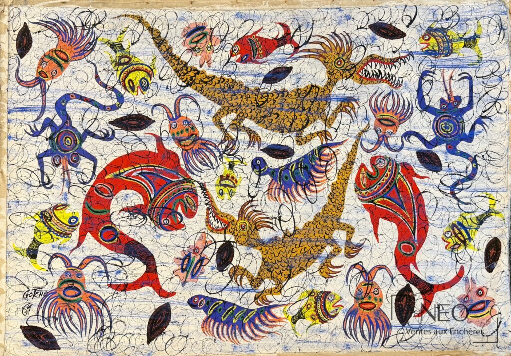 Peinture colorée peuplée de poissons et de figures
