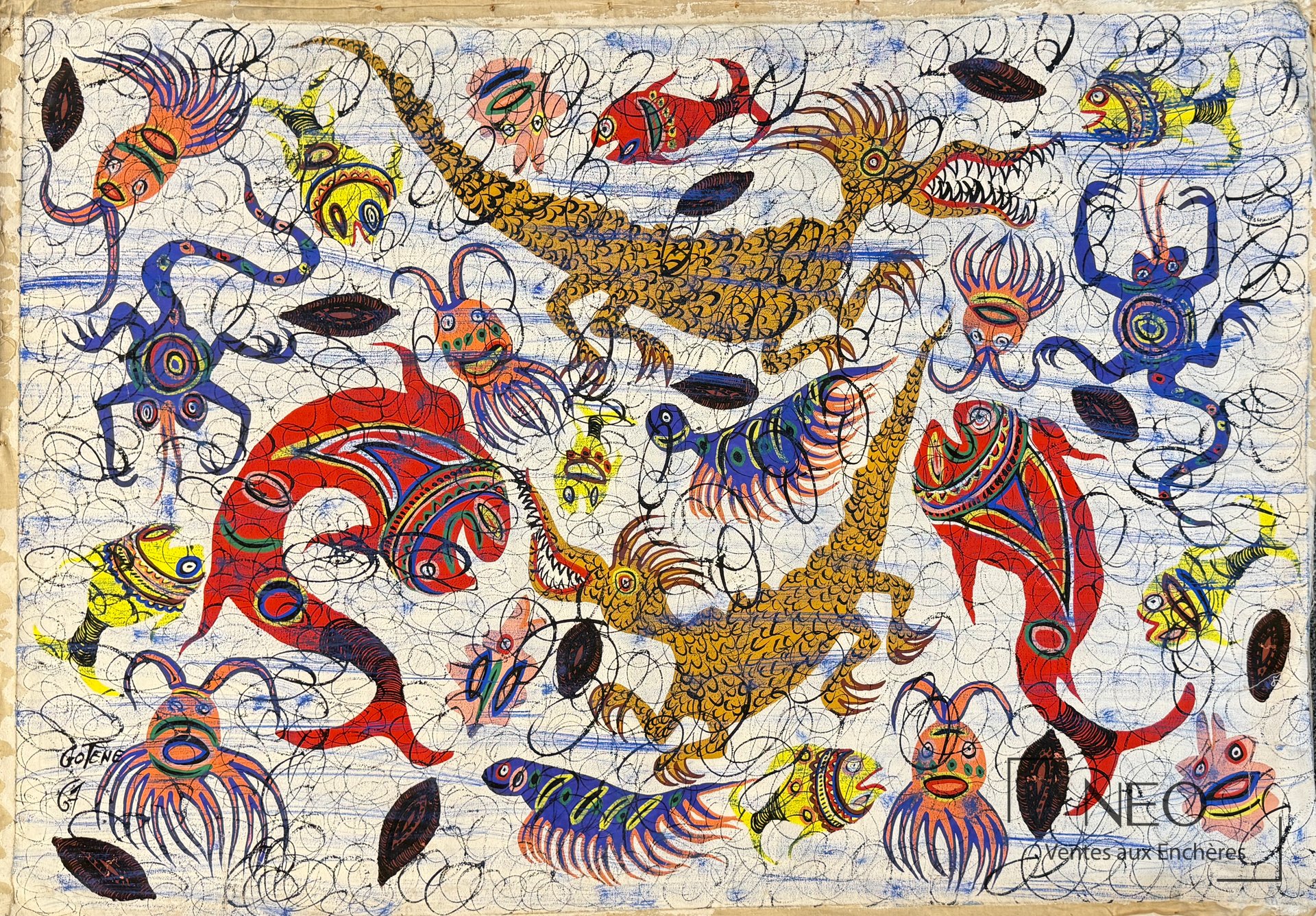 Peinture colorée peuplée de poissons et de figures