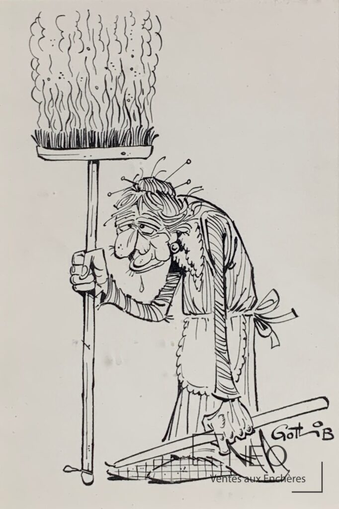 Illustration humoristique signée de Marcel Gotlib montrant une grand-mère avec balai