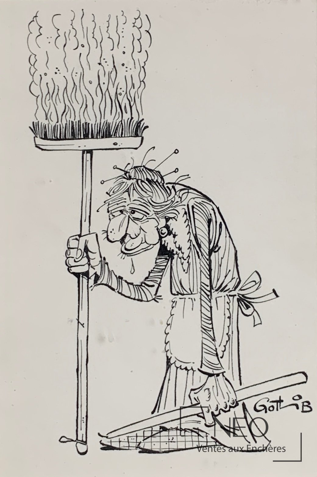 Illustration humoristique signée de Marcel Gotlib montrant une grand-mère avec balai