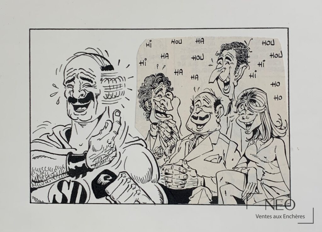 Illustration de Marcel Gotlib représentant Superdupont avec plusieurs personnages en noir et blanc