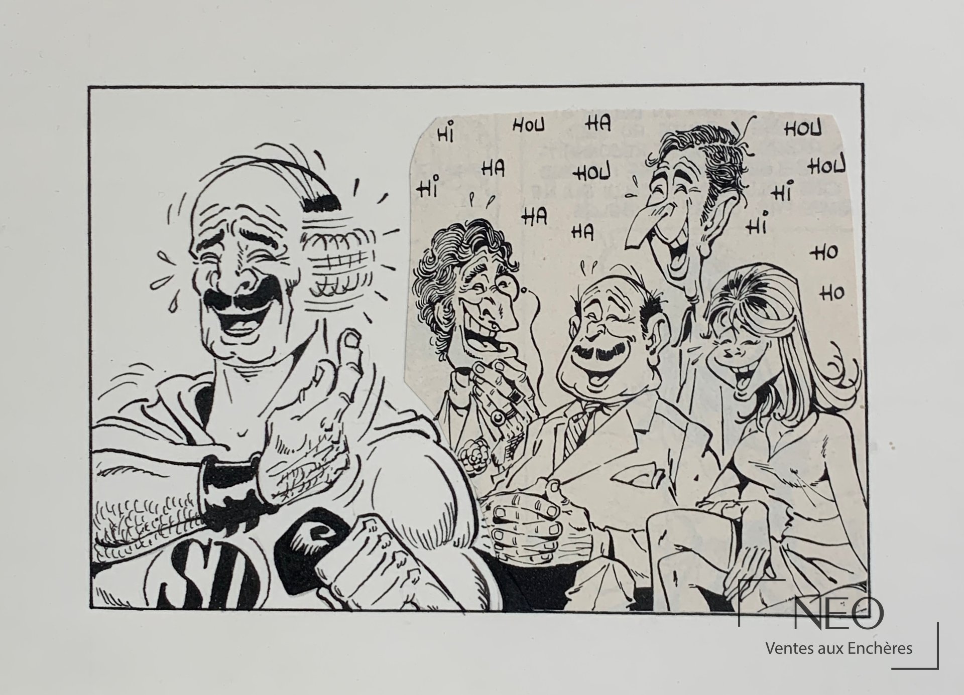 Illustration de Marcel Gotlib représentant Superdupont avec plusieurs personnages en noir et blanc