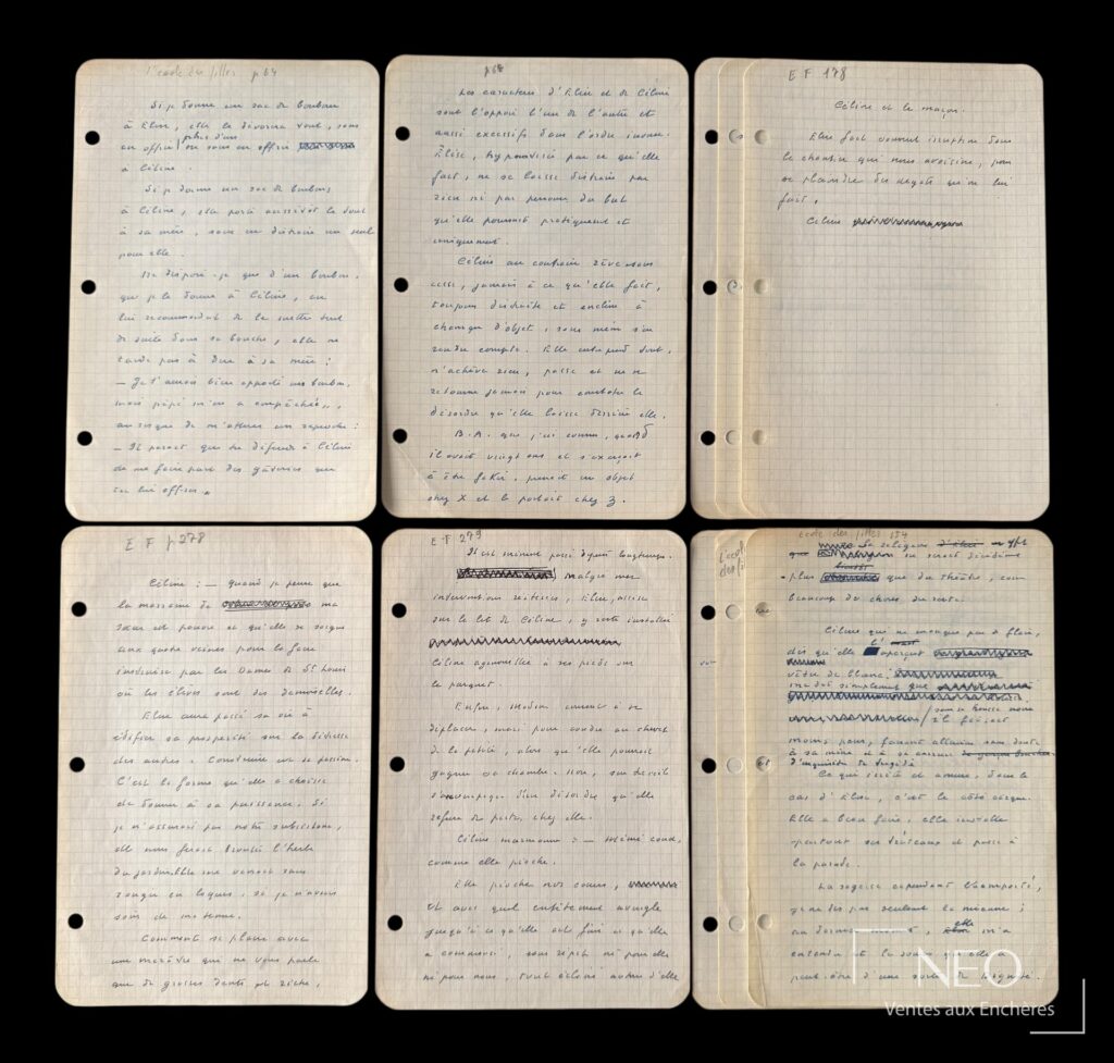 Feuillets manuscrits de Marcel Jouhandeau sur papier quadrillé