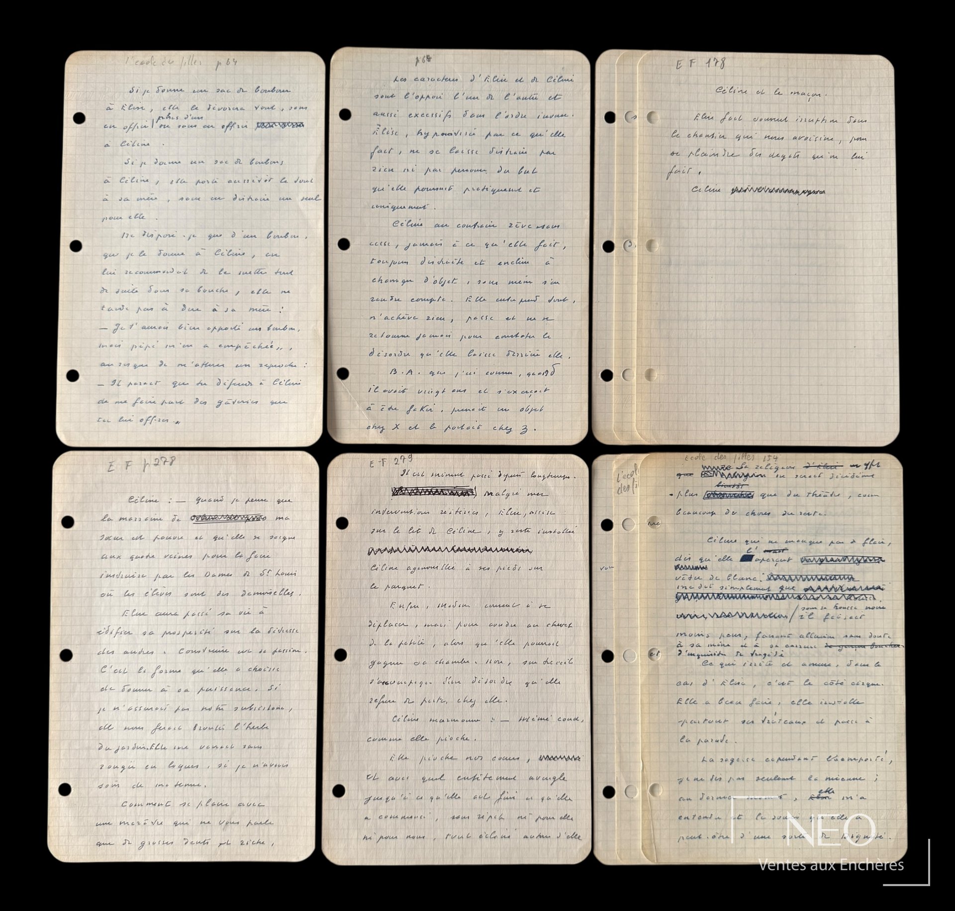 Feuillets manuscrits de Marcel Jouhandeau sur papier quadrillé