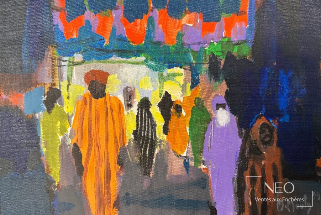 Huile sur toile colorée représentant une scène de souk avec figures et architectures stylisées