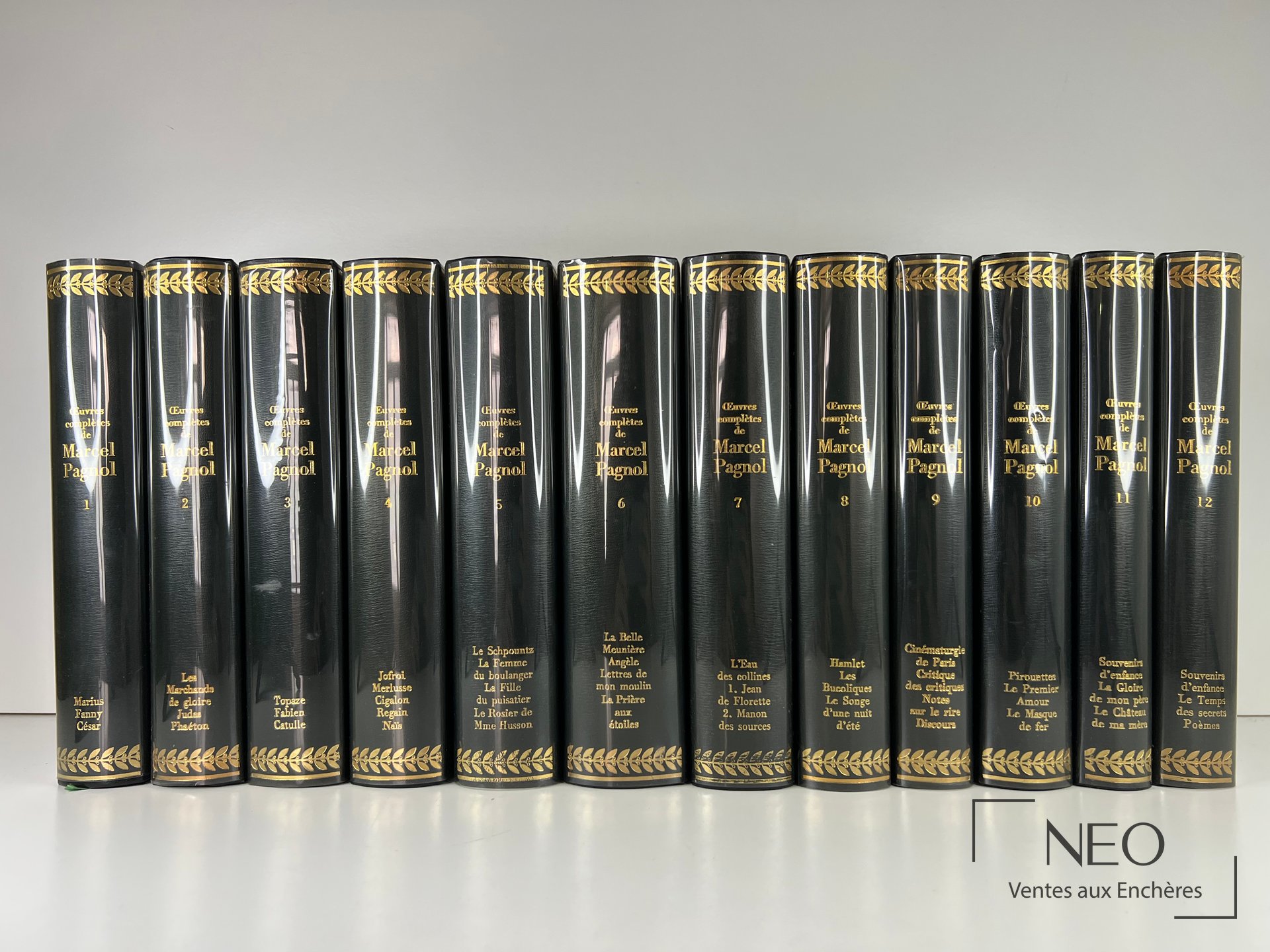 Douze volumes noirs et dorés des Œuvres complètes de Marcel Pagnol alignés de face