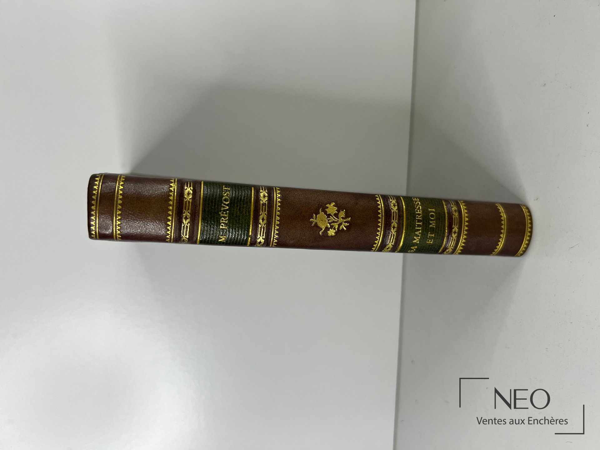 Dos d'un livre relié en demi basane avec titre doré et caissons ornés.