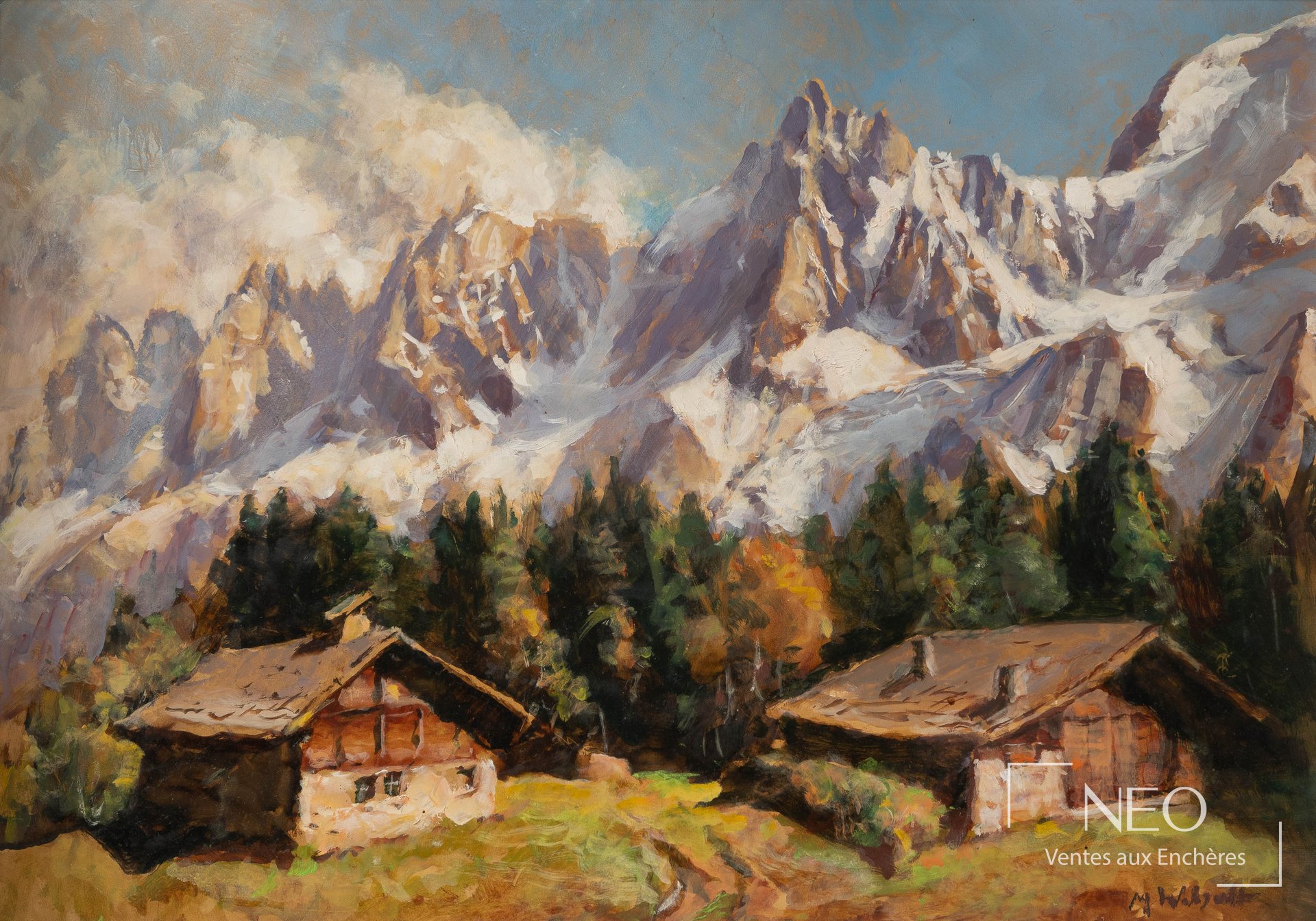 Paysage alpin de Marcel Wibault avec chalets et montagnes enneigées