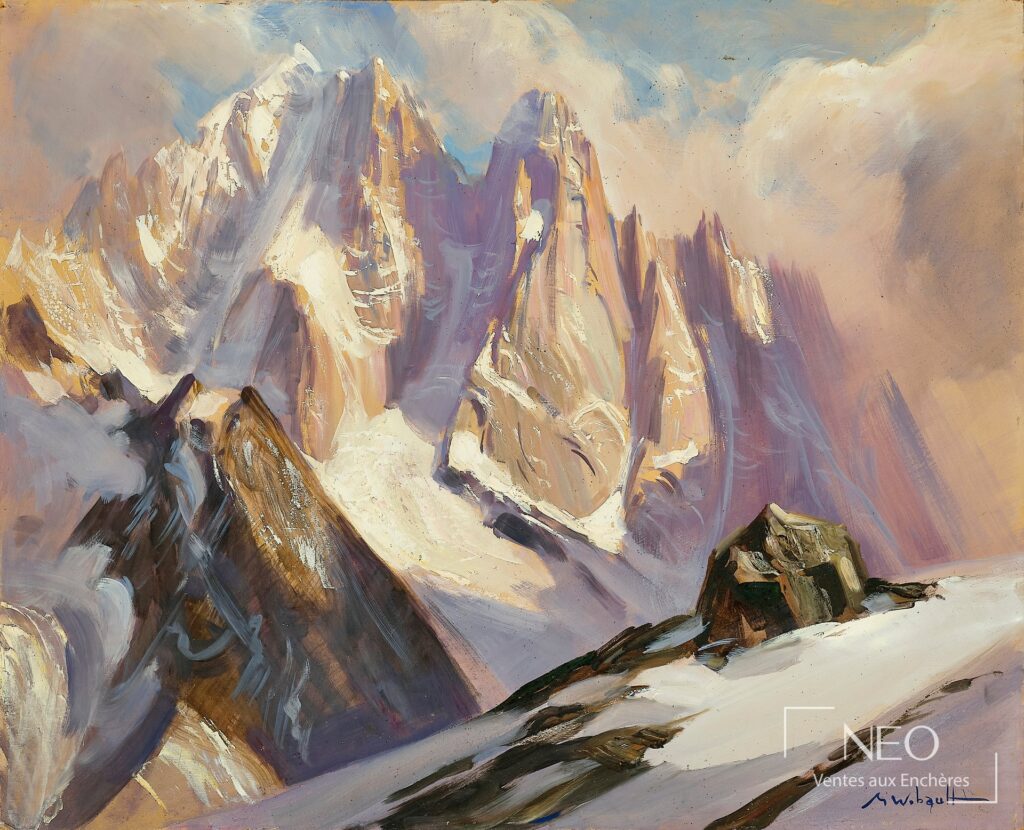 Vue de l'aiguille verte à Chamonix peinte à l'huile sur isorel