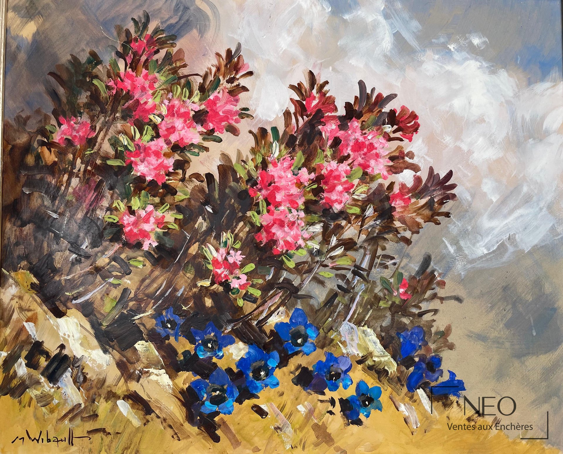 Huile sur toile de fleurs roses et bleues sur fond clair
