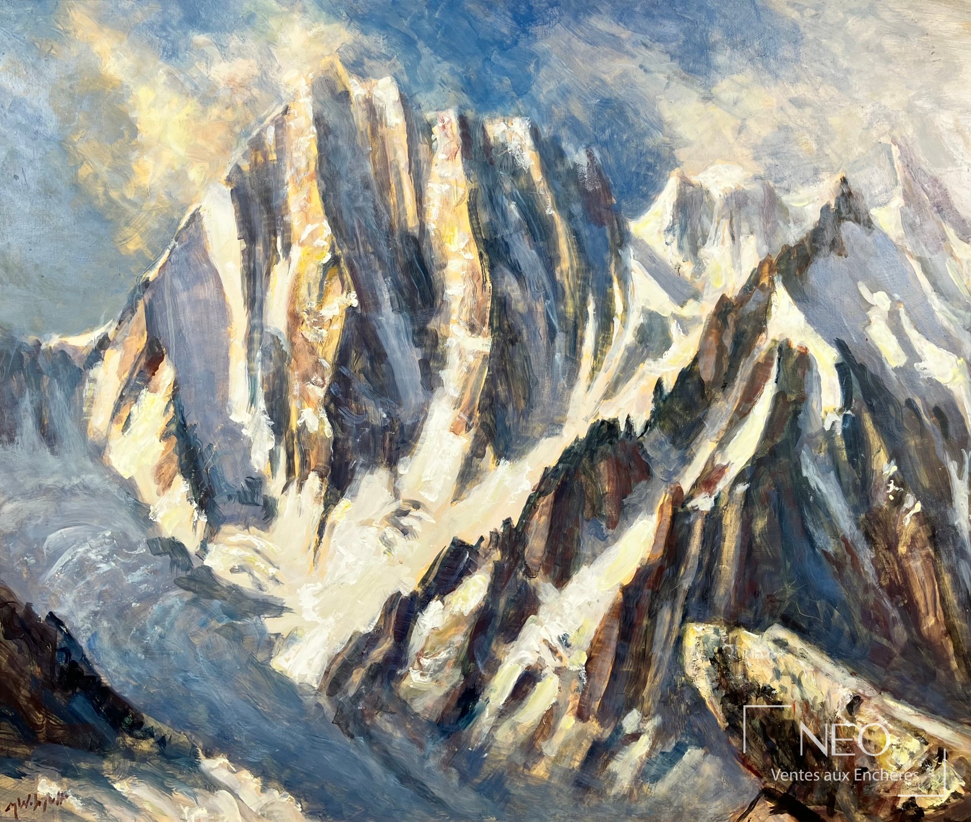 Peinture de montagne de Marcel Wibault représentant les Grandes Jorasses sous un ciel nuageux.