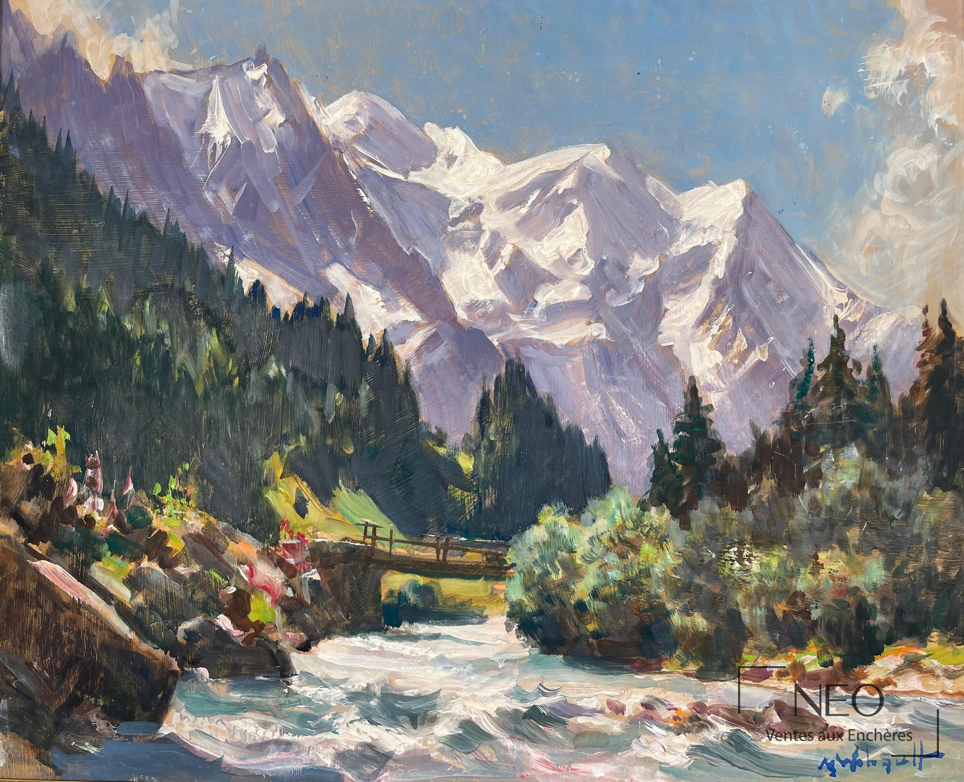 Vue des montagnes alpines peinte à l’huile par Marcel Wibault