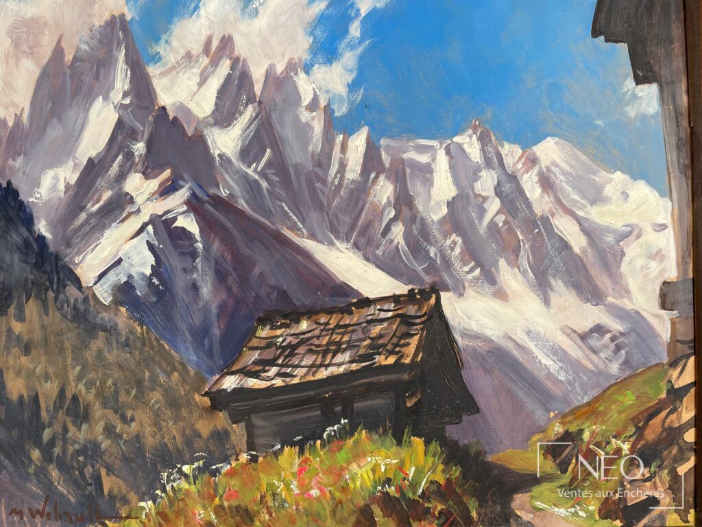 Paysage alpin de Marcel Wibault avec chalet au premier plan et sommets enneigés