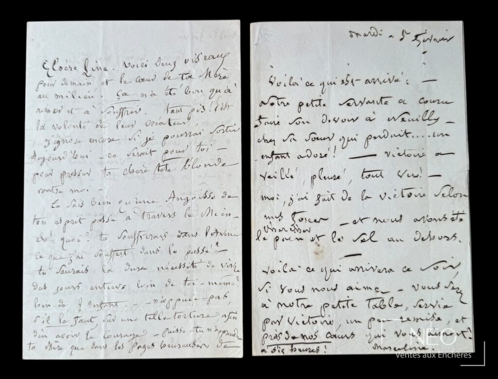 Deux pages manuscrites d'une lettre autographe signée de Marceline Desbordes-Valmore