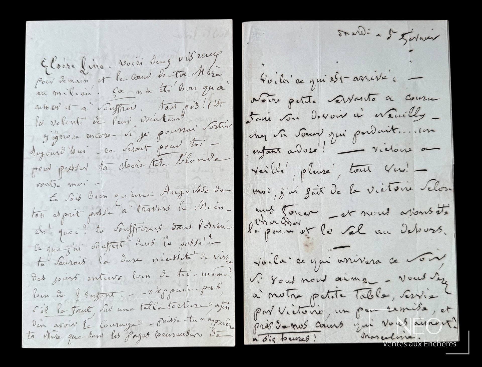 Deux pages manuscrites d'une lettre autographe signée de Marceline Desbordes-Valmore