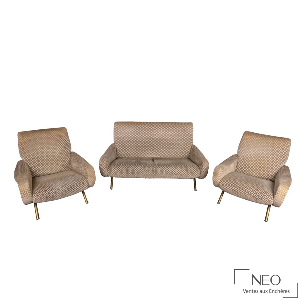 Ensemble Lady de Marco Zanuso avec canapé et deux fauteuils en tissu beige à motifs losangiques