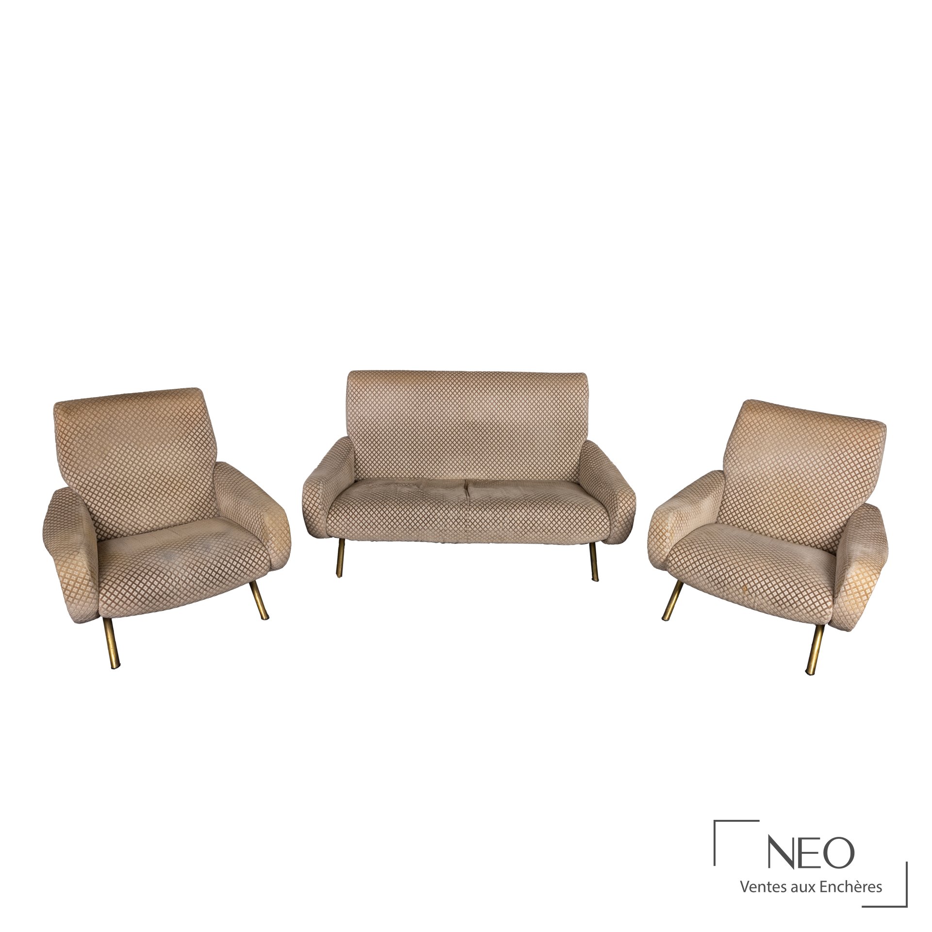 Ensemble Lady de Marco Zanuso avec canapé et deux fauteuils en tissu beige à motifs losangiques