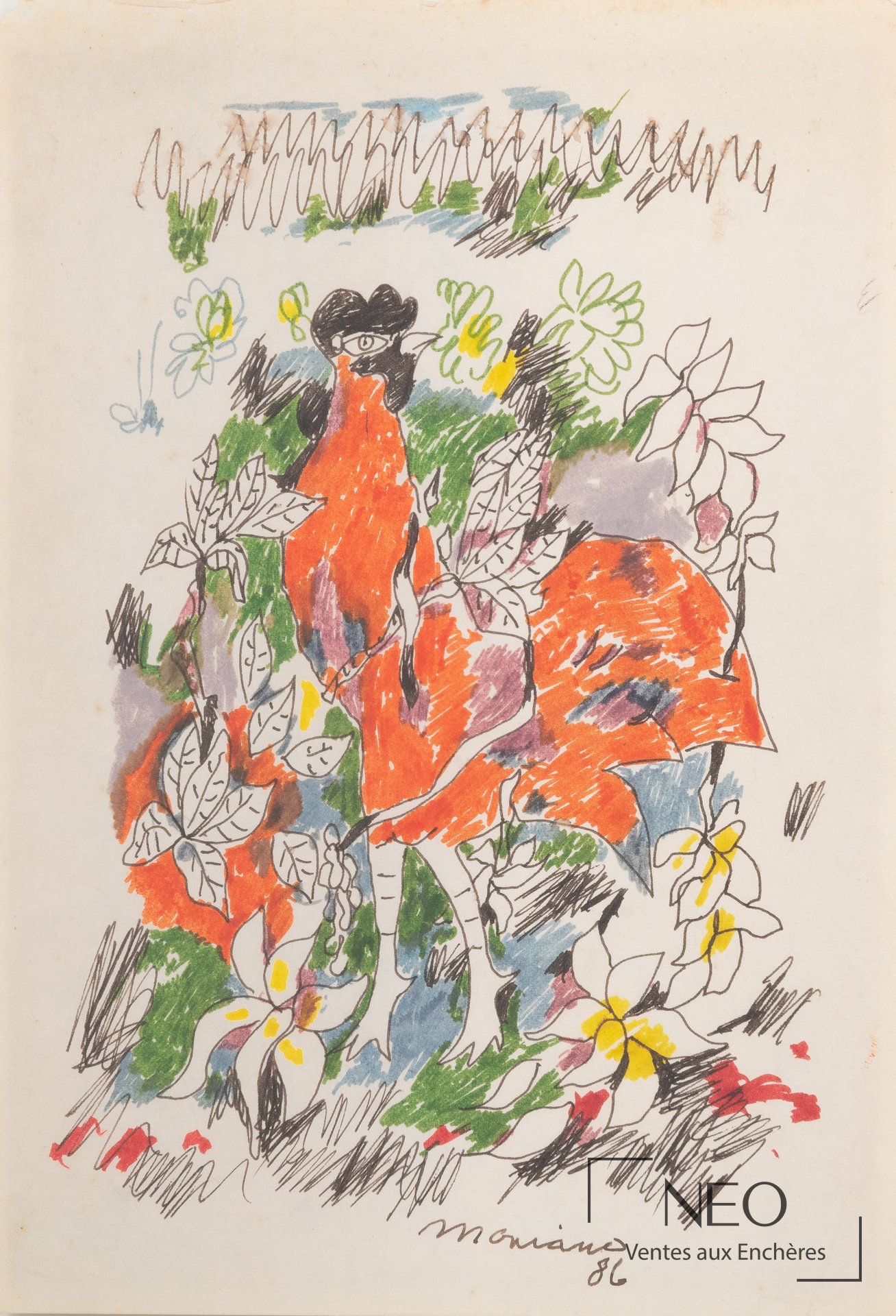 Dessin polychrome représentant un coq au milieu de fleurs et de feuillages.