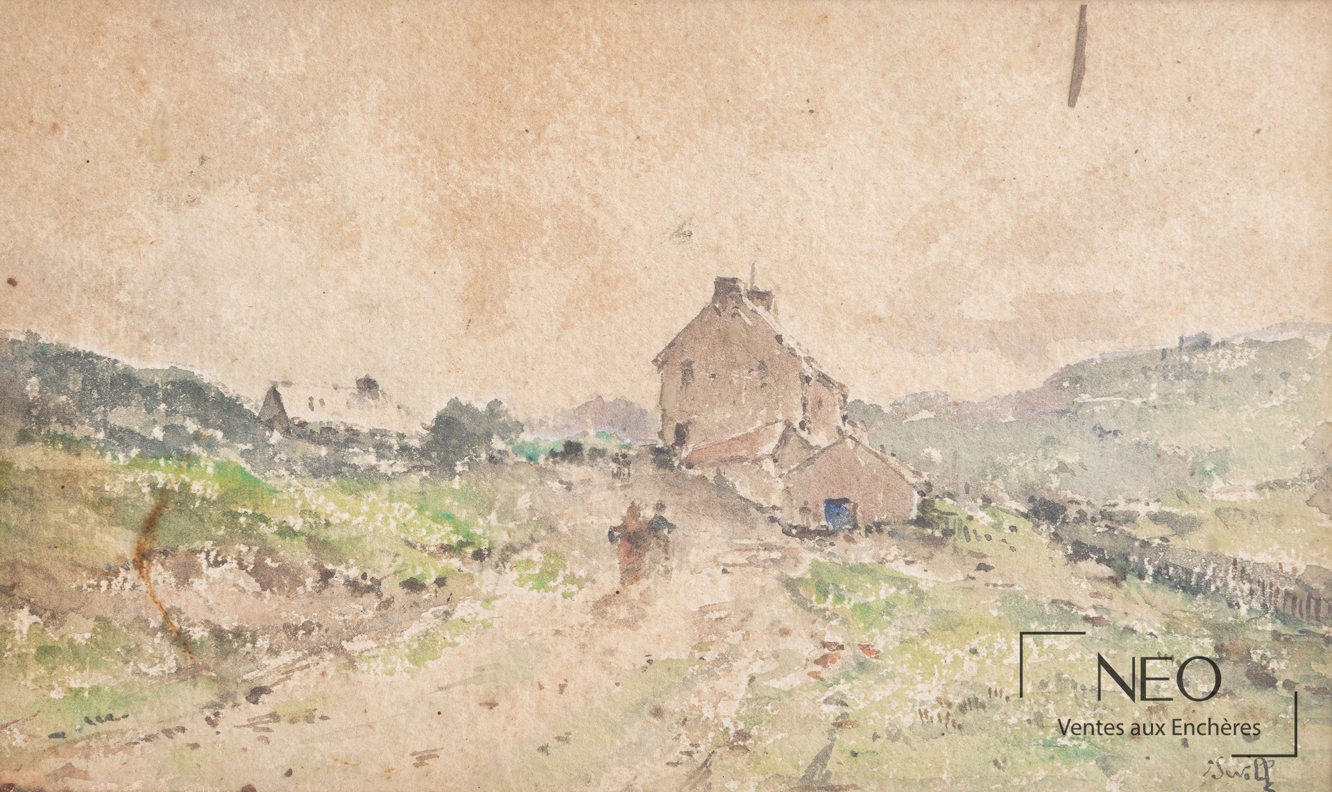 Aquarelle représentant une ferme dans un paysage de montagne