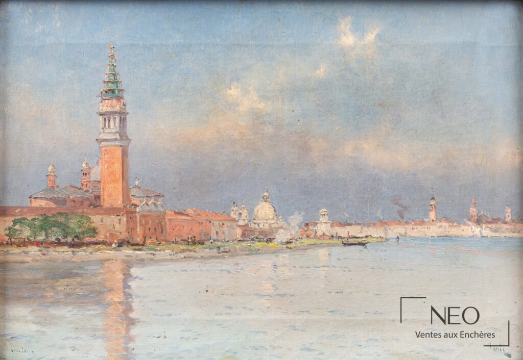 Vue générale de l'huile sur toile représentant San Giorgio Maggiore depuis la lagune