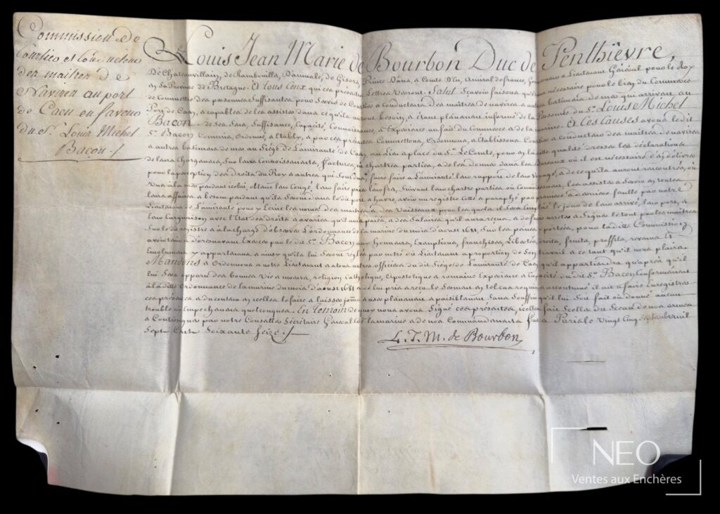 Grande feuille manuscrite avec texte et signature de Louis-Jean-Marie de Bourbon