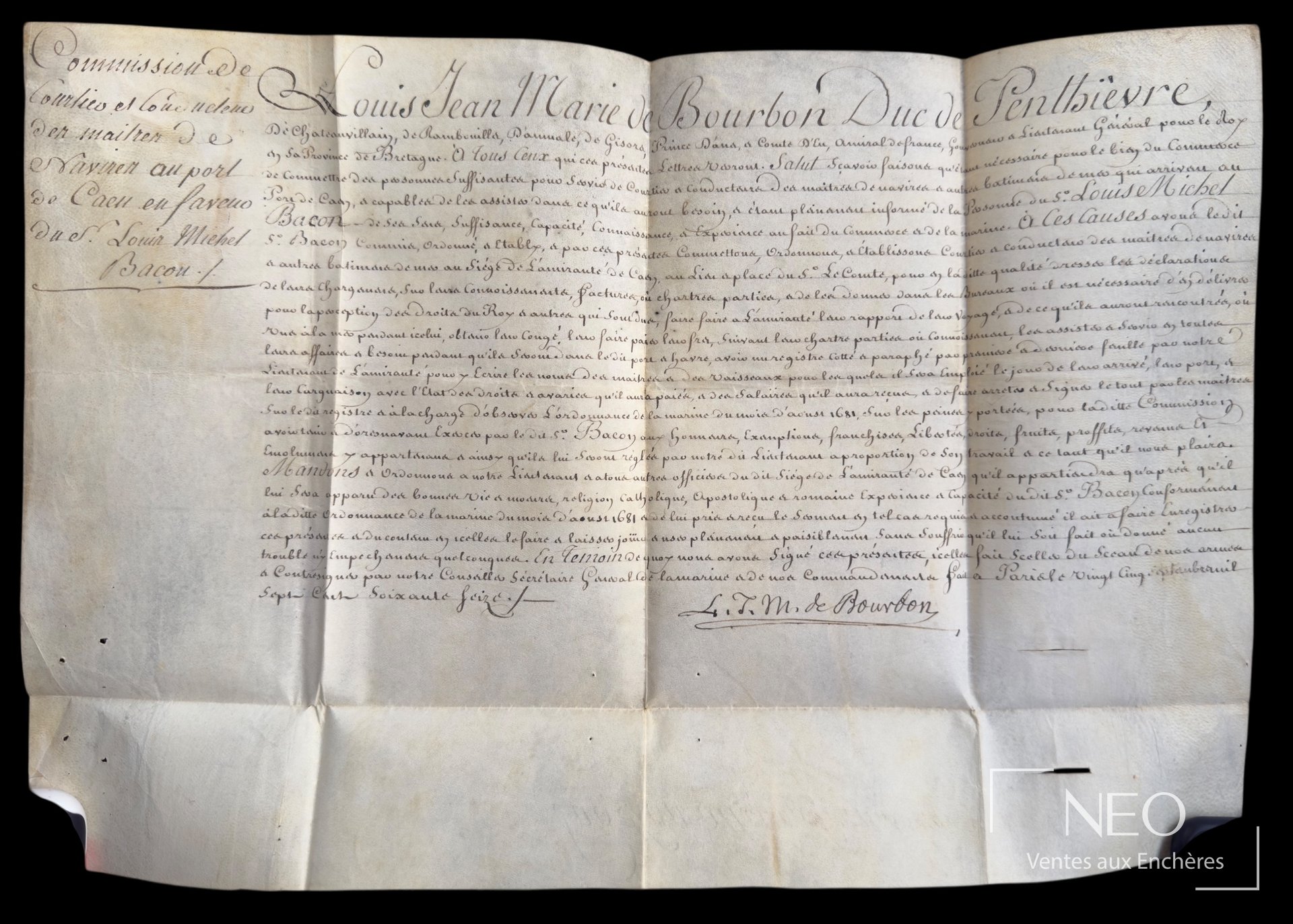 Grande feuille manuscrite avec texte et signature de Louis-Jean-Marie de Bourbon