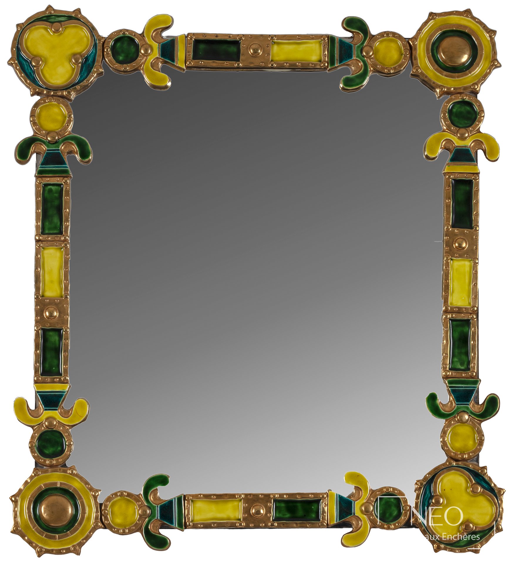 Miroir rectangulaire de Marion De Crecy à décor géométrique vert et jaune