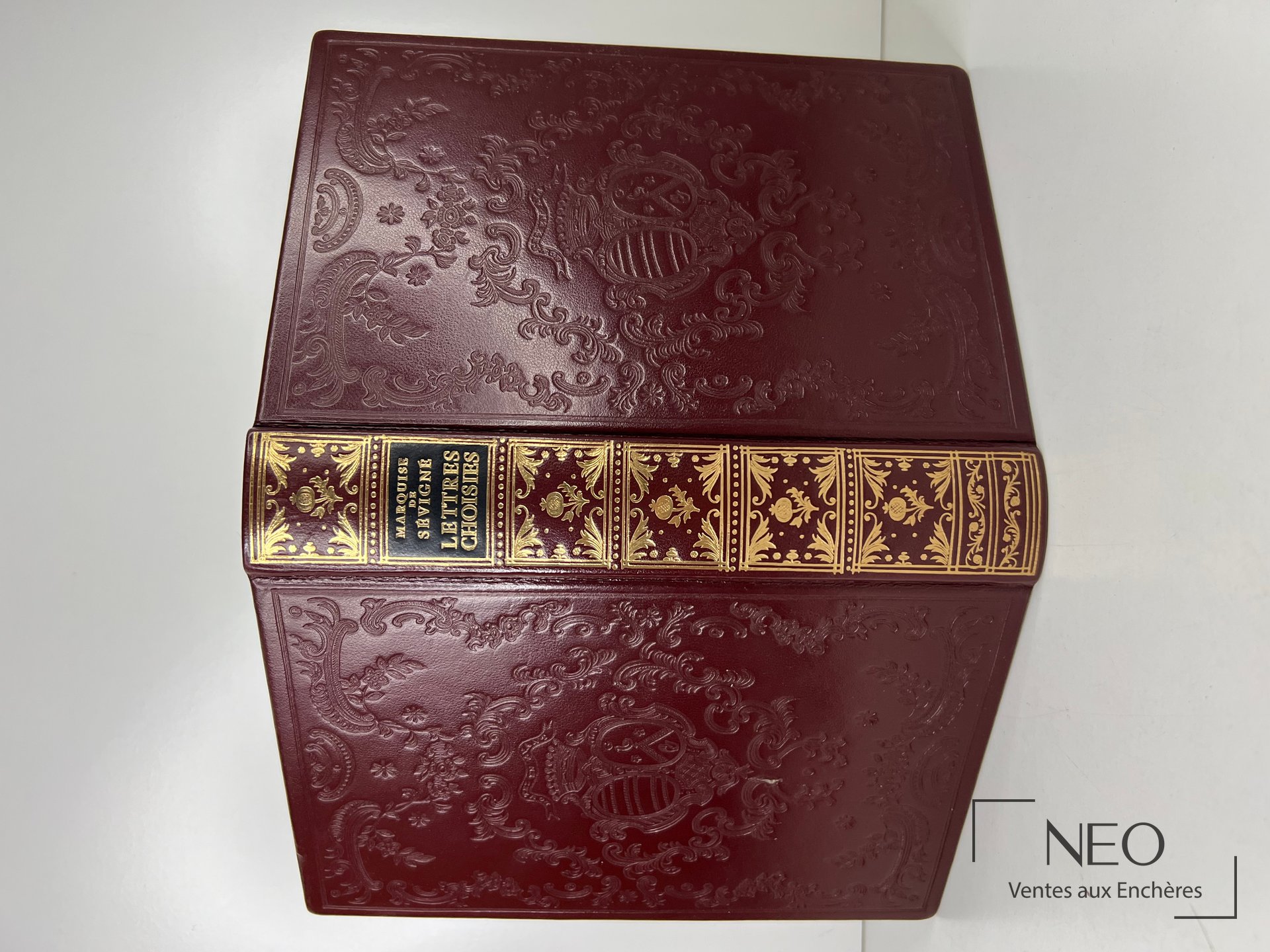 Livre relié bordeaux avec dos doré et motifs décoratifs