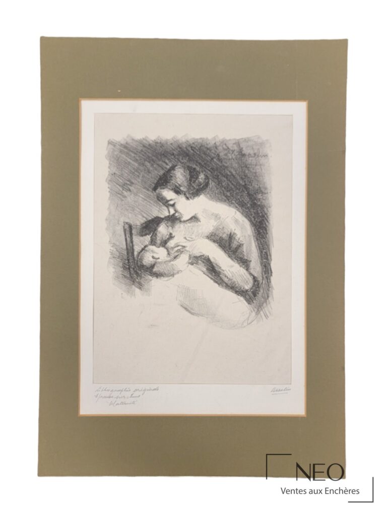 Lithographie de Maurice Asselin représentant une mère allaitant son enfant