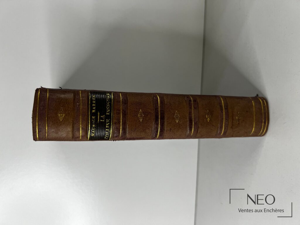 Dos en basane violette avec nerfs et titre doré sur pièce noire