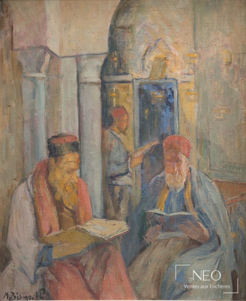 Huile sur toile représentant des hommes dans une synagogue