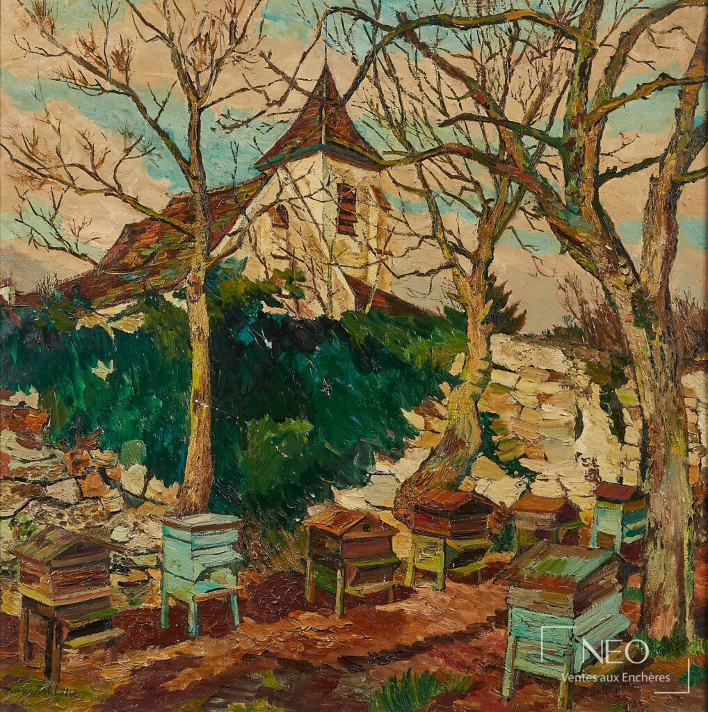 Huile sur toile de Maurice Boitel représentant une église entourée d'arbres